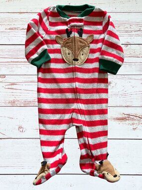 Just One You 3 Month Red & White Striped Reindeer Print Fleece Footie Pajama